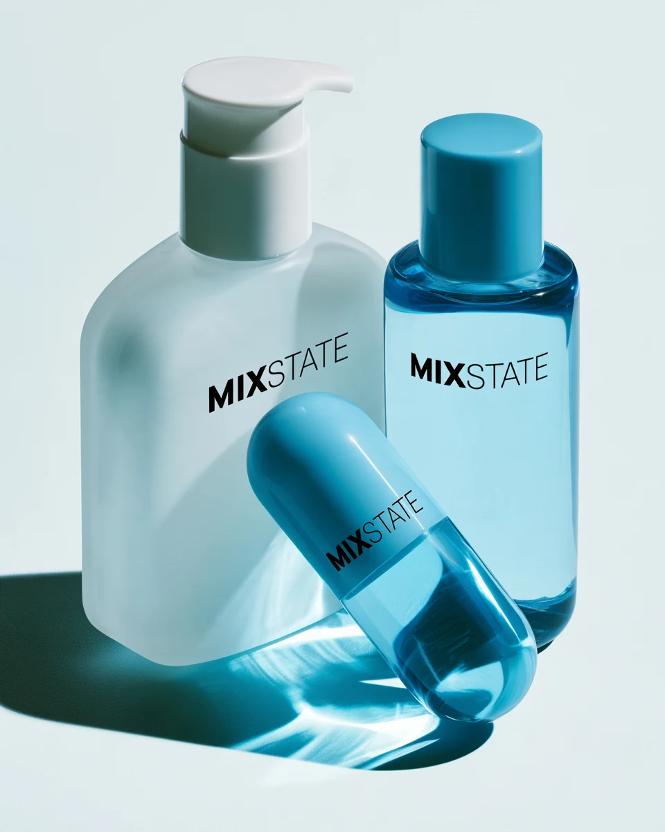 빛이 투과하는 블루 부스터와 MIXSTATE 베이스의 제품 사진